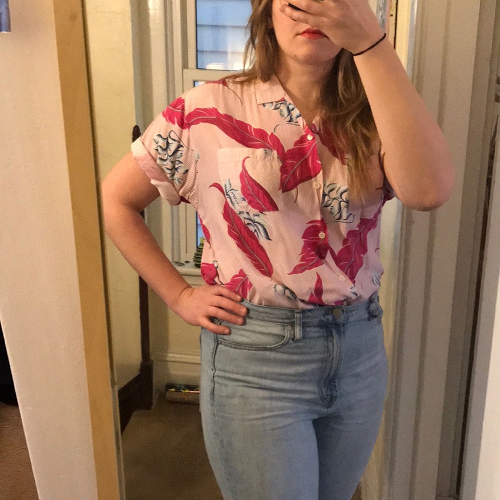 Pink feather oversized button down T shirt